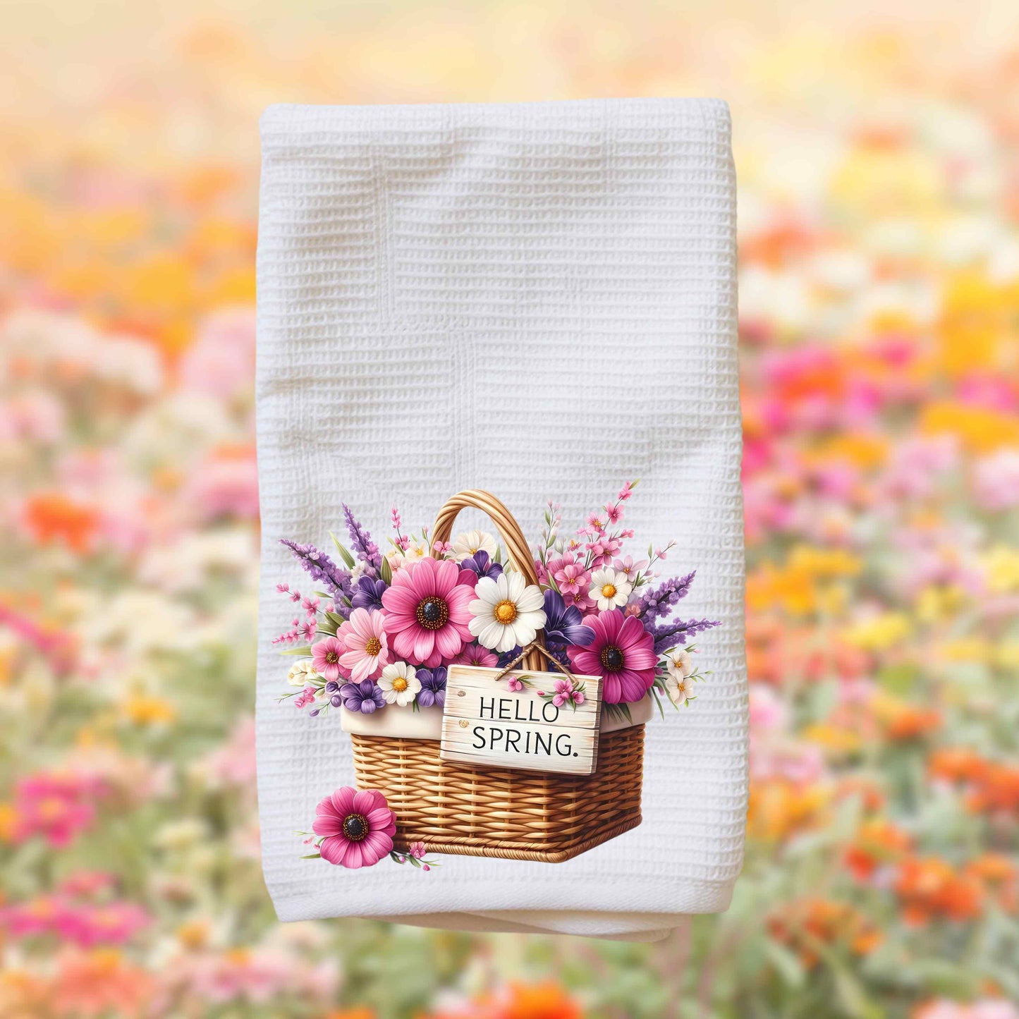 "Hello Spring" Floral Basket - Tea Towel