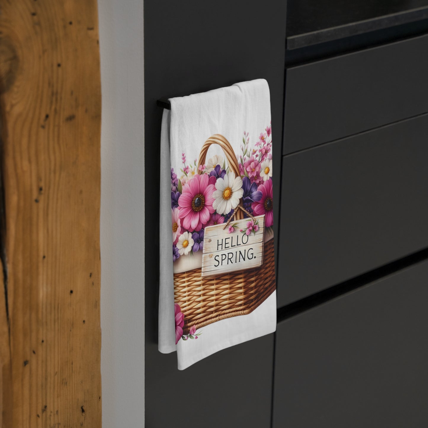 "Hello Spring" Floral Basket - Tea Towel